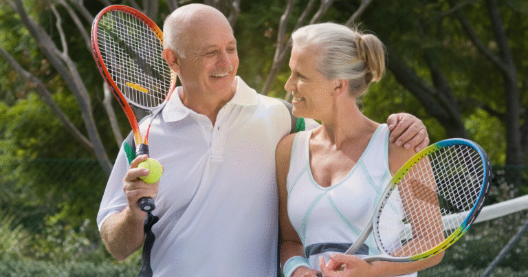 Idősebb pár teniszütőkkel