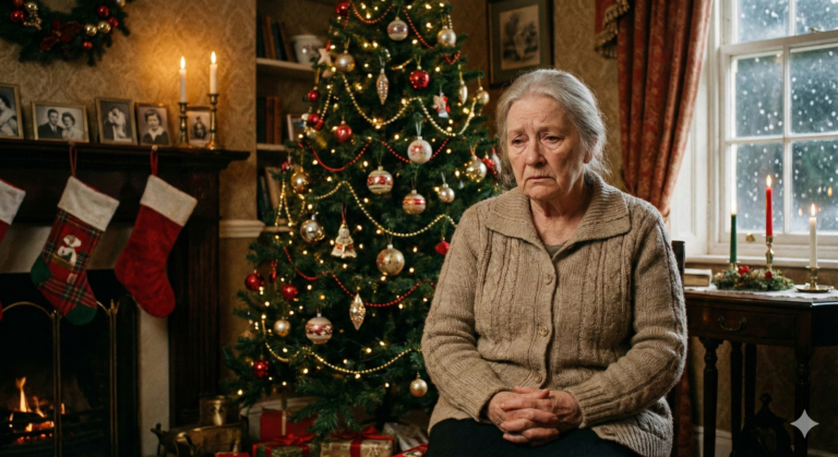 Szomorú idős nő karácsonyfa előtt