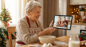 Családdal tabletező vidám idős nő