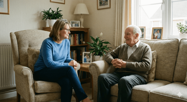 Idős férfival beszélget fiatalabb nő hozzátartozója