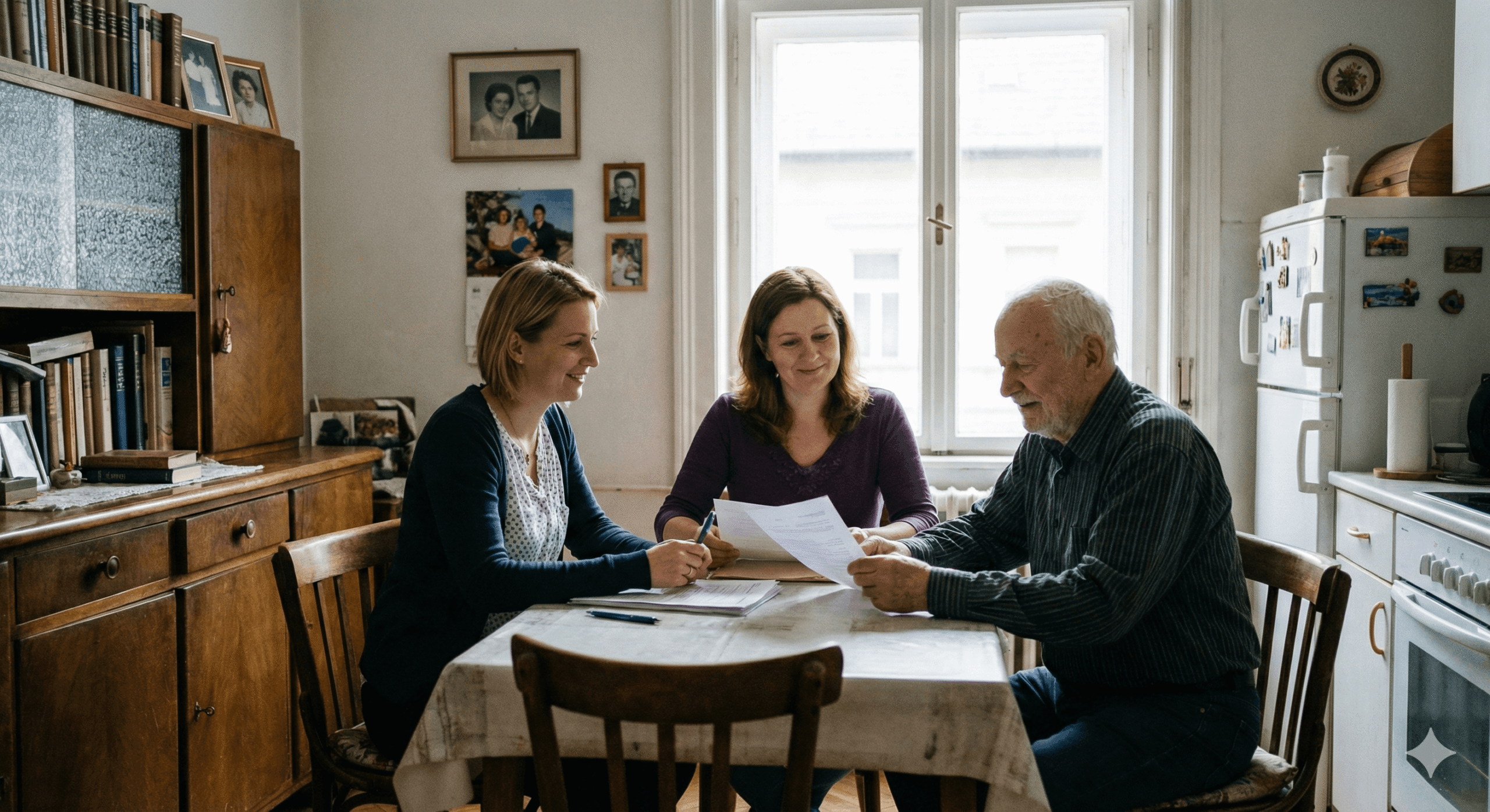 Idős férfi két szociális gondozóval egy asztalnál