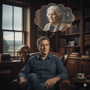 Távolban lévő idős anyjára gondoló férfi