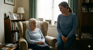 Idős szülő és mellette gondterhelt, bűntudatos arcú középkorú nő