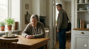 Idős anya szomorúan ül, középkorú fia bűntudattal az arcán távozik
